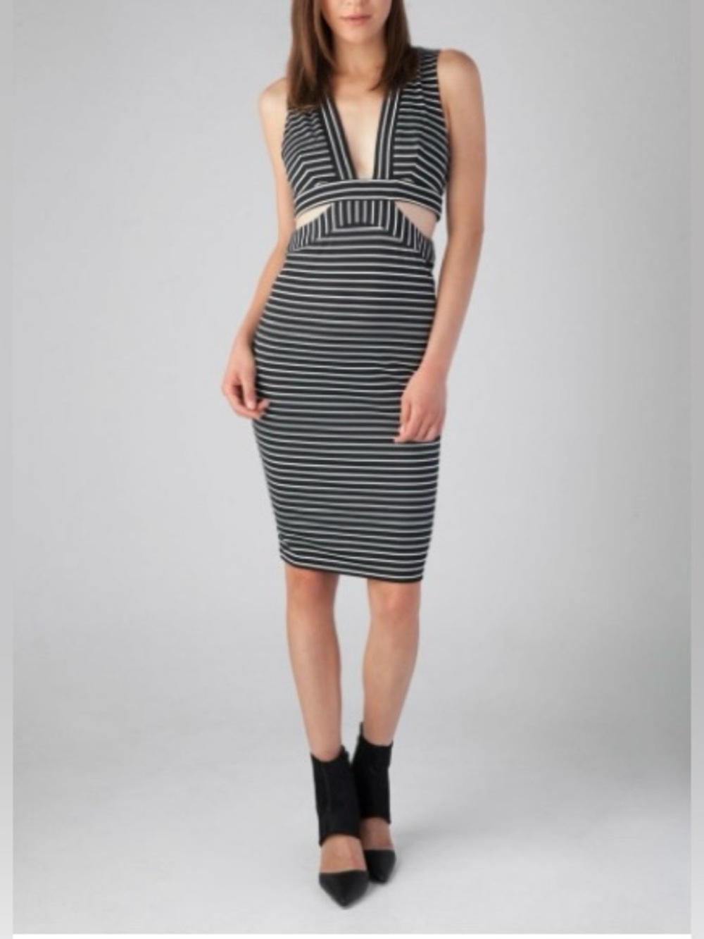 Bec & Bridge Wanderer Dress CUTOUT Black Stripes - size 4 - Bodycon
